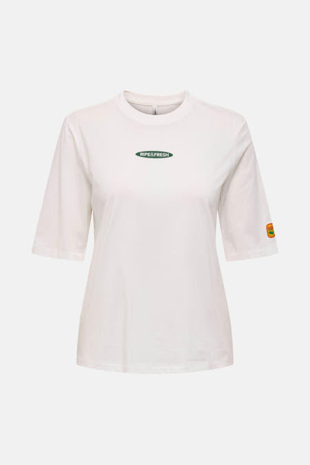 T-shirt blanc à manches courtes d'ONLY, avec impression de guave et texte.