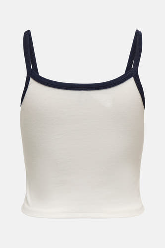 Witte top van ONLY met donkerblauwe afwerking aan de bandjes en halslijn.