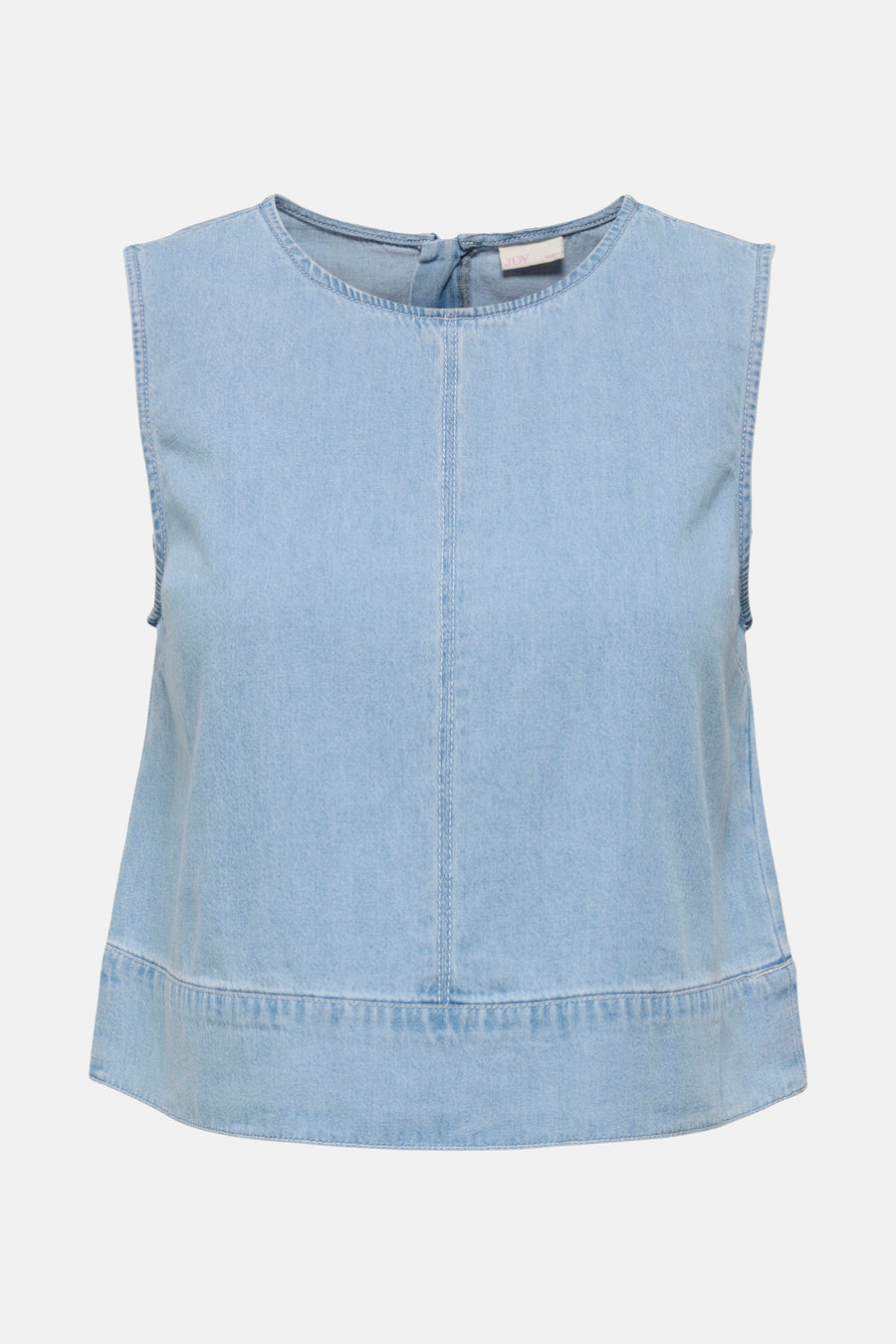 Mouwloze lichtblauwe denim top.