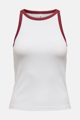 T-shirt blanc ONLY avec des accents rouges, une texture rayée et une encolure sans manches, vu de dos.