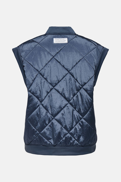Blauwe bodywarmer van ONLY® met een gewatteerd ruitpatroon, gezien vanaf de achterkant.
