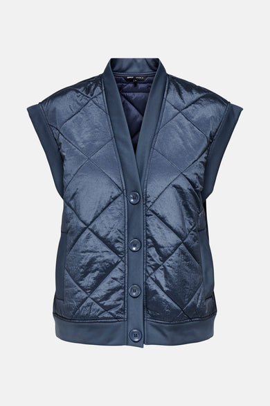 Blauwe bodywarmer van ONLY met een diamantvormig doorgestikt patroon en knoopsluiting.
