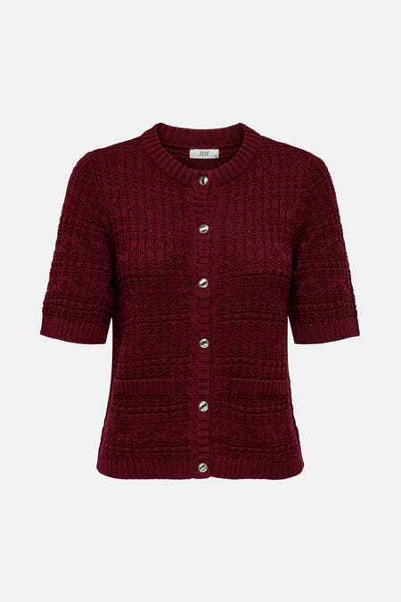 Bordeaux cardigan van JDY met korte mouwen en zilverkleurige knopen.
