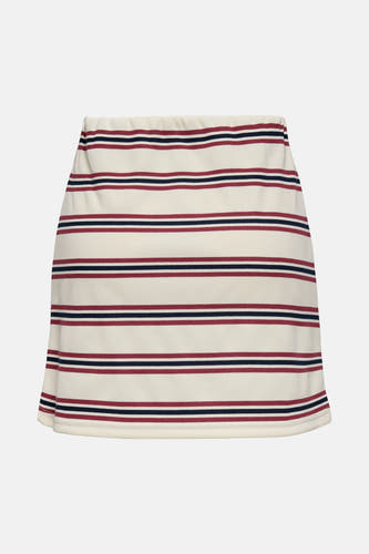 Korte multicolor rok van ONLY, met horizontale rode en marineblauwe strepen.