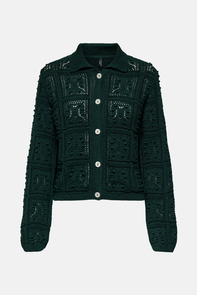 Groen vest van ONLY, met knoopsluiting en gebreid ruitpatroon.
