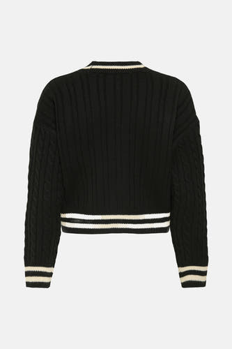 Veste noire ONLY, avec des côtes et un motif en tricot sur les manches, rayée au col, bordure et poignets.