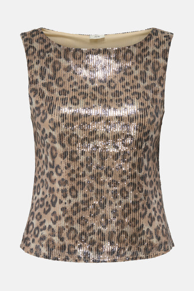 Beige top zonder mouwen van JDY, met luipaardprint en glanzende pailletten.
