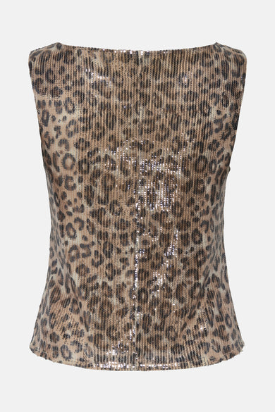 Beige top zonder mouwen van JDY, met een luipaardprint en pailletten.
