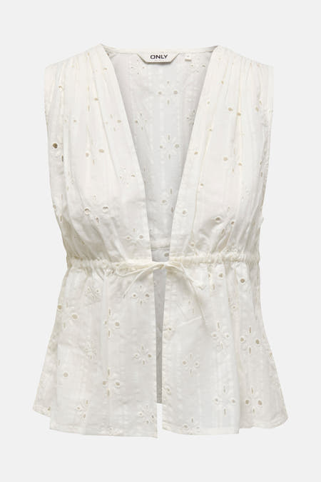 Witte blouse zonder mouwen van ONLY, met broderie en een tailleband.
