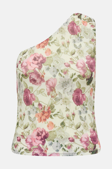 Mouwloze blouse met bloemenprint van ONLY, met roze en perzikkleurige accenten tegen een crèmekleurige achtergrond.
