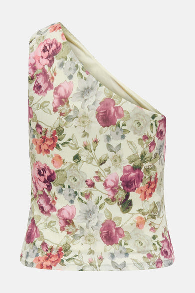 Multikleurige blouse zonder mouwen van ONLY, met een bloemmotief en een diagonale halslijn.
