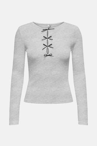 Grijs T-shirt met lange mouwen van ONLY, met een ribbeltextuur en decoratieve strikjes aan de voorkant.
