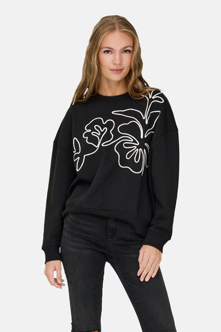 Zwarte sweater met ronde hals van JDY, met witte bloemmotieven.