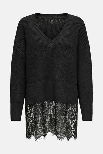 Pull noir à col V d'ONLY, avec des détails sur les bords en bas.