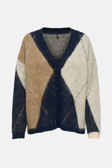 Veelkleurig vest van ONLY, met een ruitpatroon in bruin, blauw en gebroken wit en knoopsluiting.
