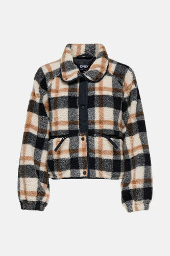 Multikleurige korte jas van ONLY met een geruit patroon en fleece textuur.

