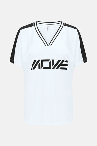Wit T-shirt met korte mouwen van ONLY, met zwarte accenten op de schouders en "MOVE" print.
