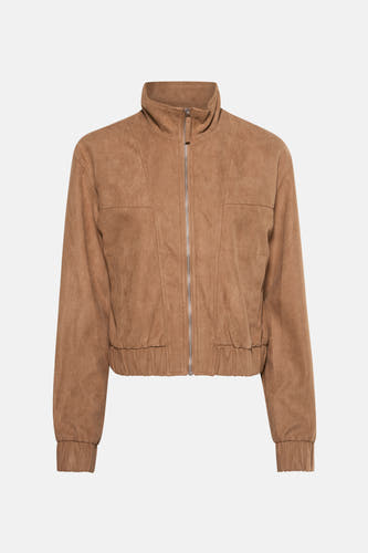 Beige korte jas van JDY met lange mouwen, ritssluiting en elastische tailleband.
