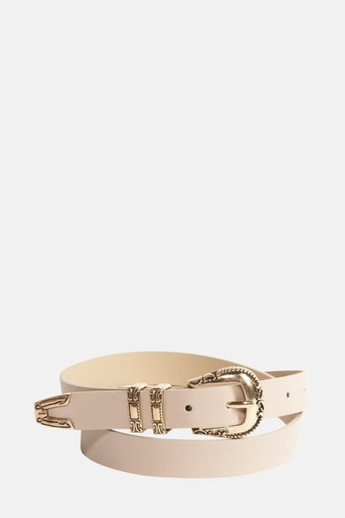 Beige riem van ONLY, met decoratieve gouden gesp en ornamenten.
