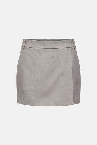 Gemêleerde beige rok van ONLY® met overslag en smalle tailleband, plat liggend.