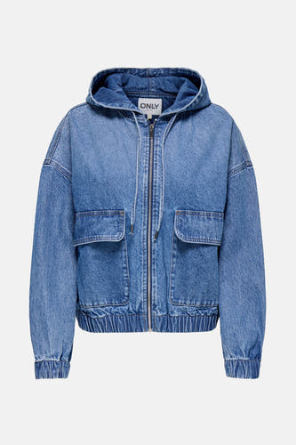 Jean de blauw denim ONLY avec capuchon, fermeture éclair et poches.