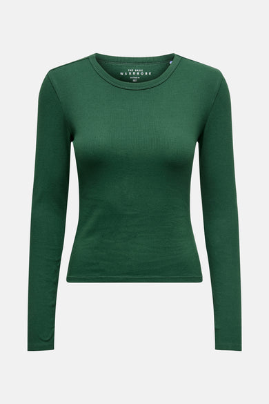 Groen T-shirt met lange mouwen van ONLY, met een fijne ribstructuur.
