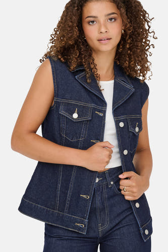 Donkerblauw denim jack zonder mouwen van ONLY, met zakken en een knoopsluiting.