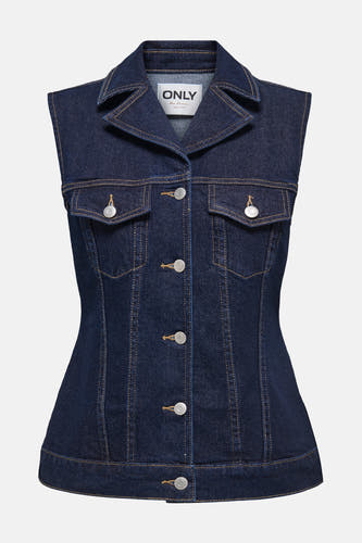 Donkerblauw denim jack zonder mouwen van ONLY, met zilverkleurige knopen en zakken.
