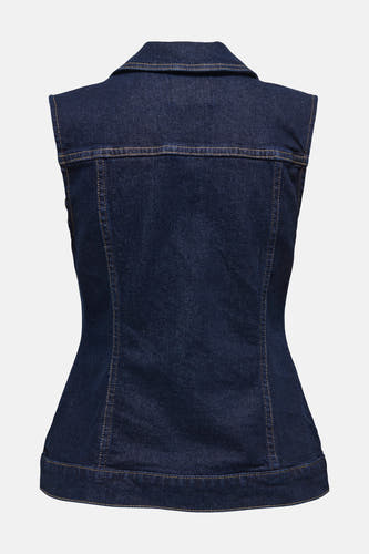 Donkerblauw denim jas zonder mouwen van ONLY, met contrasterende stiksels en een getailleerde pasvorm, gezien op de achterkant.
