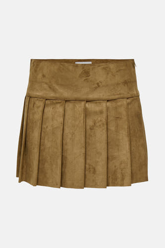 Jupe brune courte et ONLY, avec des plis et une texture en suède.