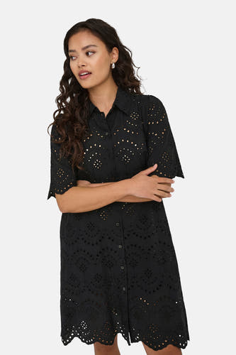 Robe noire à manches courtes de ONLY, avec détails brodés et fermeture à boutons.