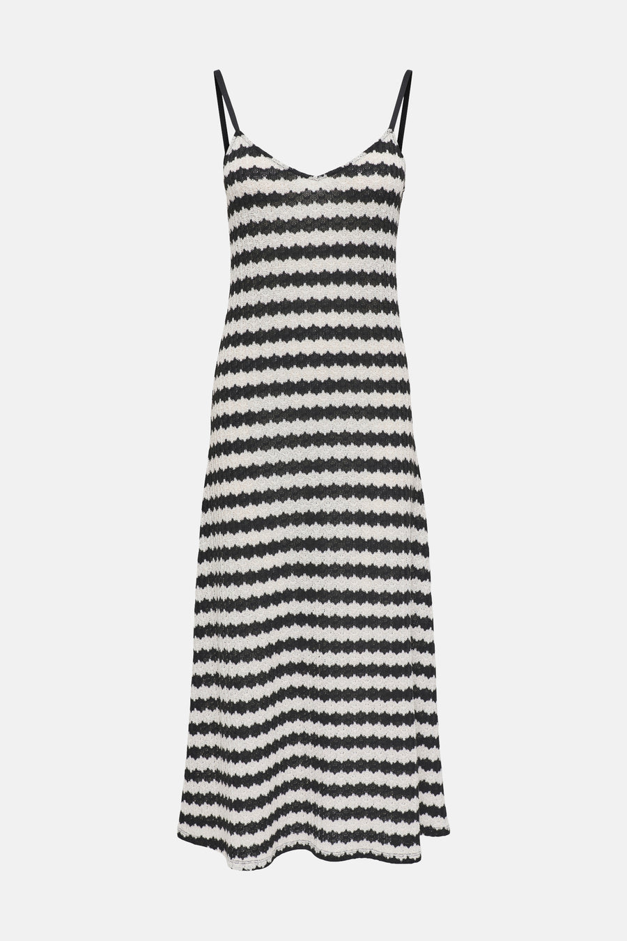 Robe tricotée noire et blanche sans manches de ONLY® avec motif à rayures ondulées, col en V et fines bretelles.