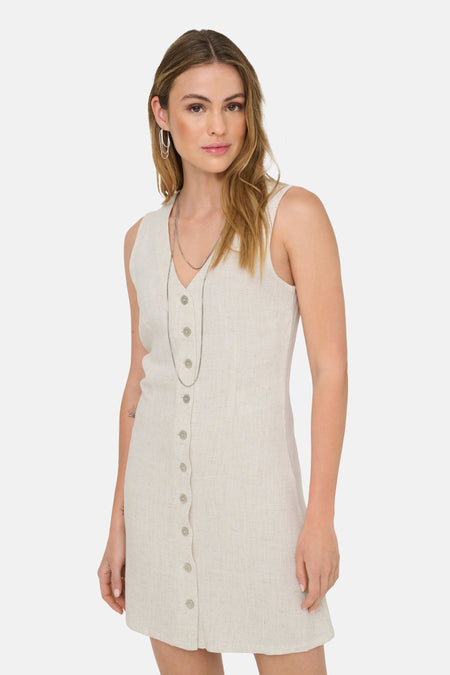 Robe sans manches écru d'ONLY® avec aspect lin, col en V et fermeture à boutons sur le devant.