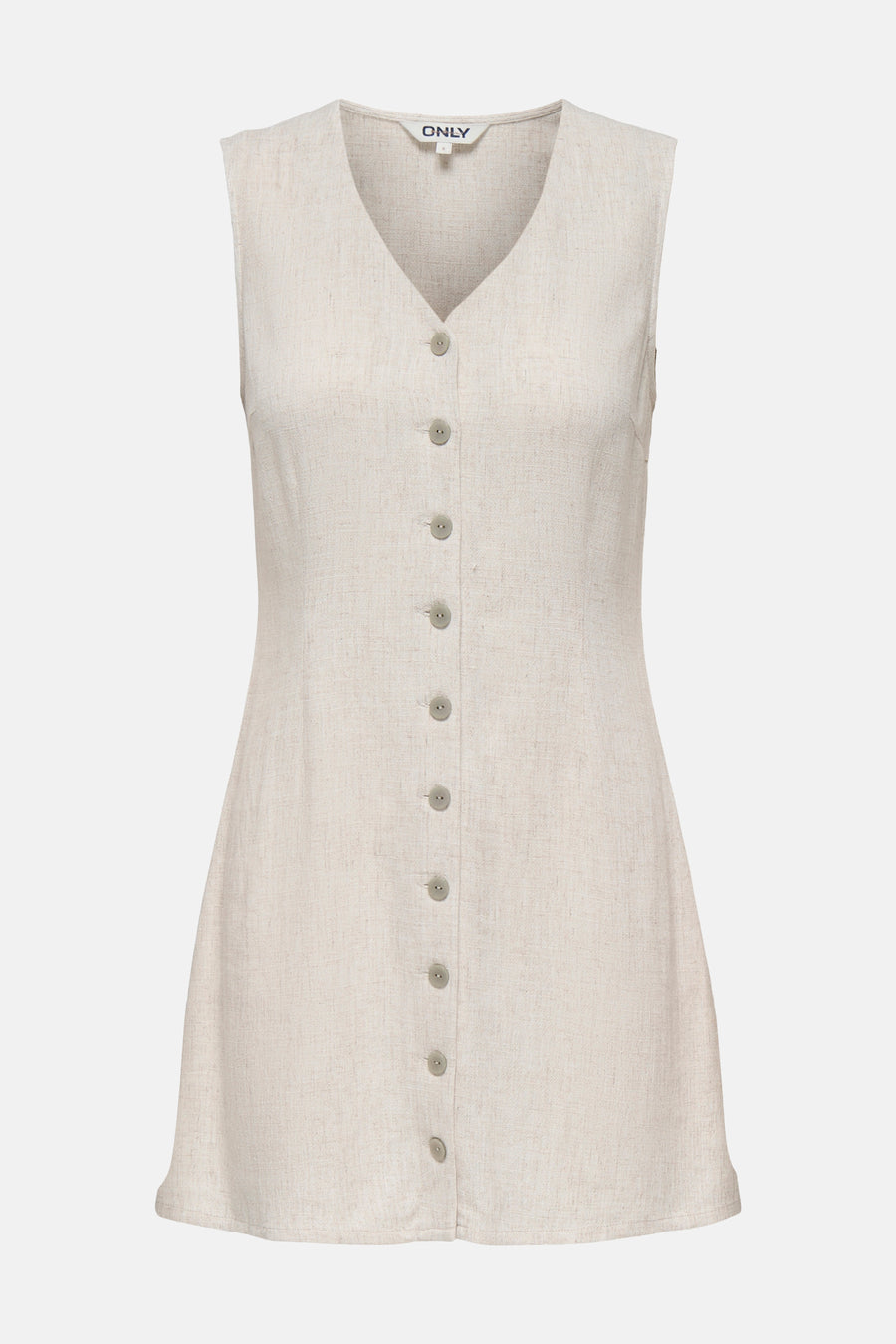 Robe sans manches écru d'ONLY® avec col en V, fermeture boutonnée sur le devant et tissu aspect lin.