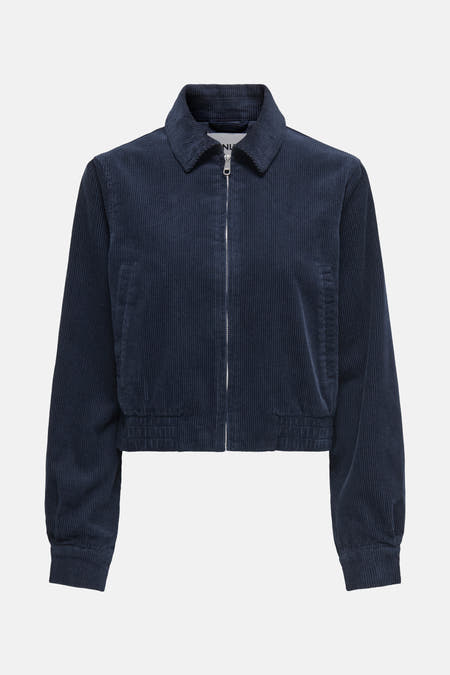 Blauwe, korte jas van ONLY, met een corduroy textuur en een zilverkleurige rits.
