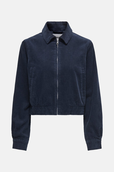 Blauwe, korte jas van ONLY, met een corduroy textuur en een zilverkleurige rits.
