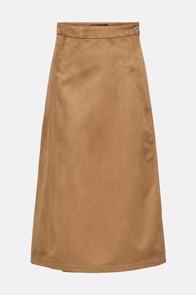Bruine lange rok van ONLY, met decoratieve stiksels en een knoop aan de tailleband.