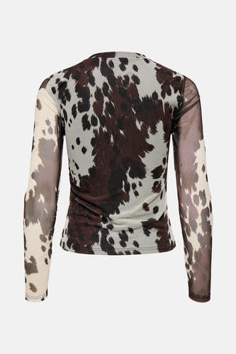 T-shirt brun à manches longues de ONLY, avec un motif de vache frappant et des détails en mesh.