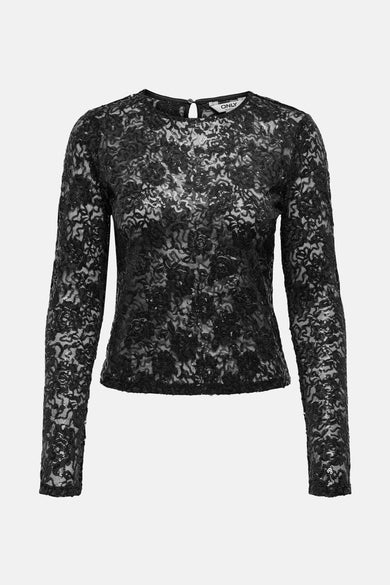 Zwarte blouse met lange mouwen van ONLY, met een bloemenpatroon en pailletten.
