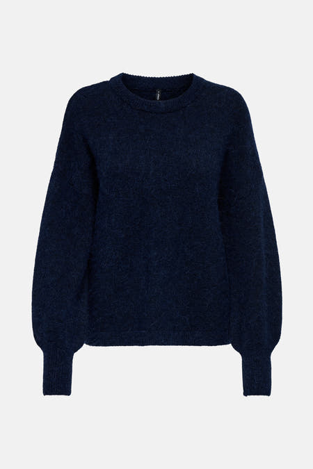 Donkerblauwe trui met ronde hals van ONLY, met lange pofmouwen en een zachte textuur.