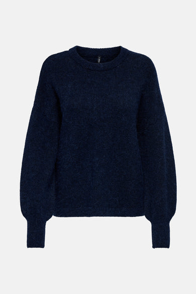 Donkerblauwe trui met ronde hals van ONLY, met lange pofmouwen en een zachte textuur.