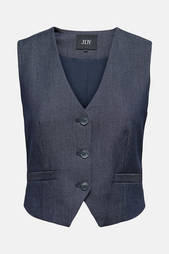 Donkerblauw denim vest van JDY, met knoopsluiting en zakken.