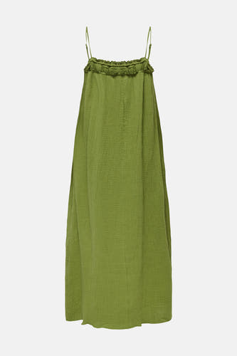 Groen mouwloos kleedje van JDY met ruches aan de taille en dunne bandjes, voorzien van een gerimpelde stofstructuur, front view.