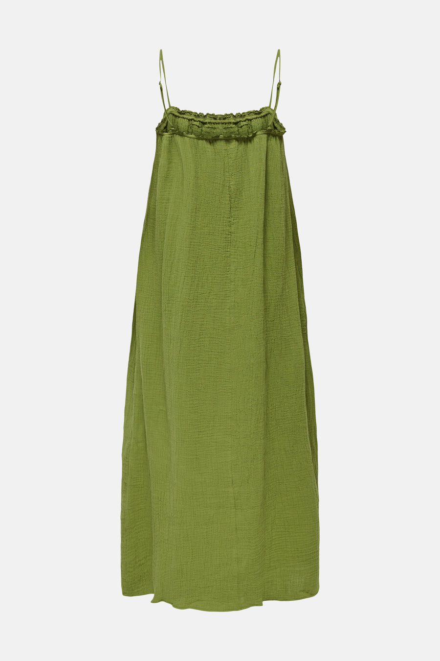 Groen mouwloos kleedje van JDY met ruches aan de taille en dunne bandjes, voorzien van een gerimpelde stofstructuur, front view.