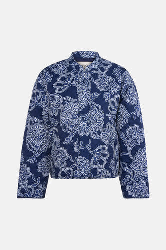 Blauwe korte jas van JDY met bloemenmotief en doorgestikt patroon.
