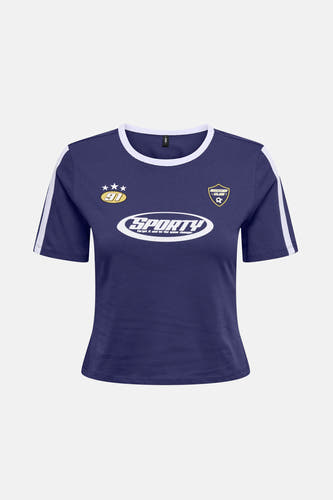 T-shirt bleu à manches courtes de ONLY®, avec une ligne de col ronde blanche, vu par derrière.