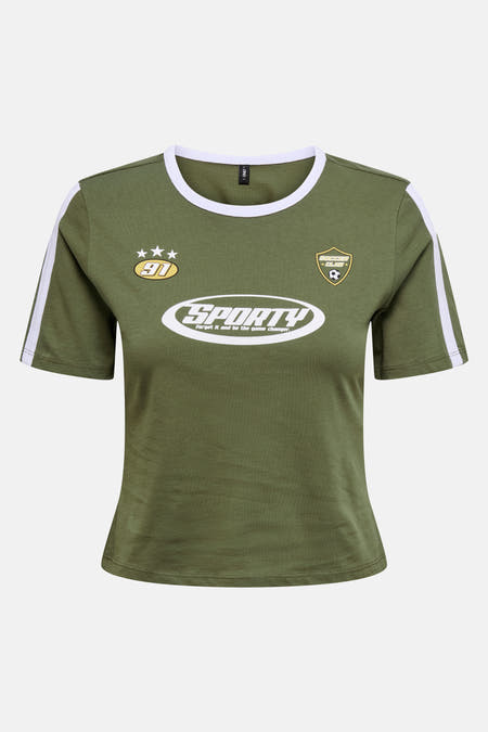 Kaki T-shirt met korte mouwen van ONLY, met witte strepen op de mouwen en sportieve logo's.
