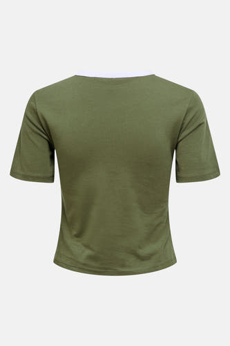 T-shirt Kaki à manches courtes d'ONLY, avec col rond blanc à l'arrière.