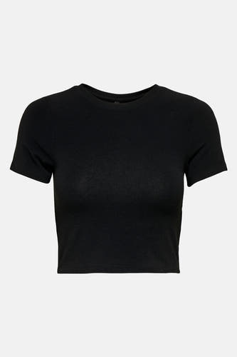 Zwart T-shirt met korte mouwen van ONLY, met een subtiele ribstof textuur.
