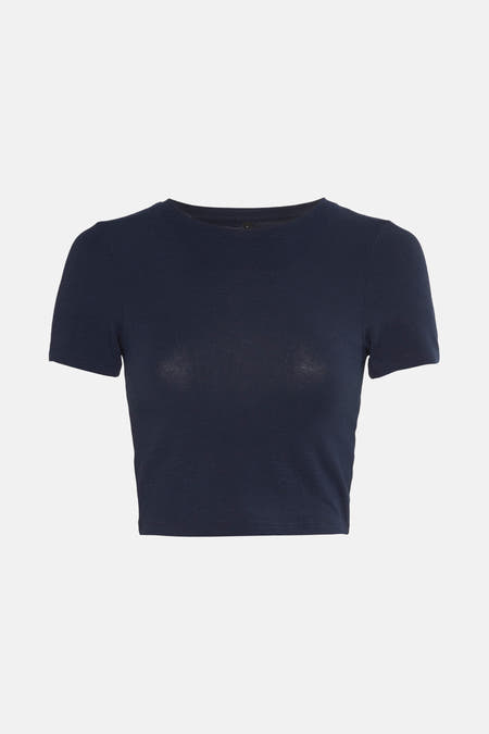 T-shirt bleu marine à manches courtes de ONLY®, avec une texture côtelée, impression arrière.